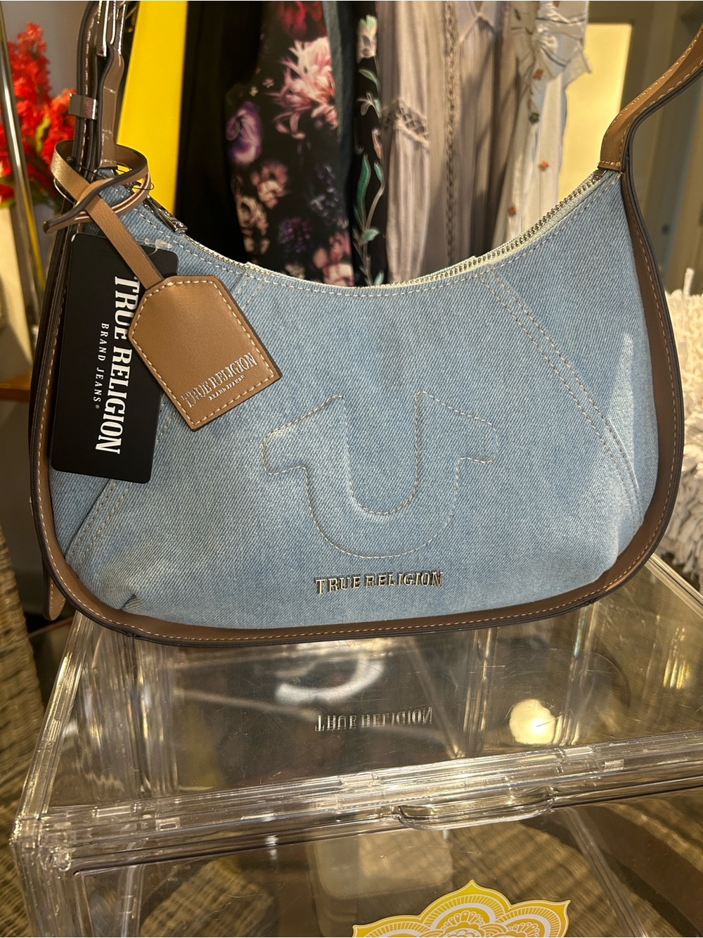True Religion Light Blue Denim Hobo Bag W/ Brown Trim/Strap 12.75”x 3”x 8.5” NWT - Picture 12 of 12